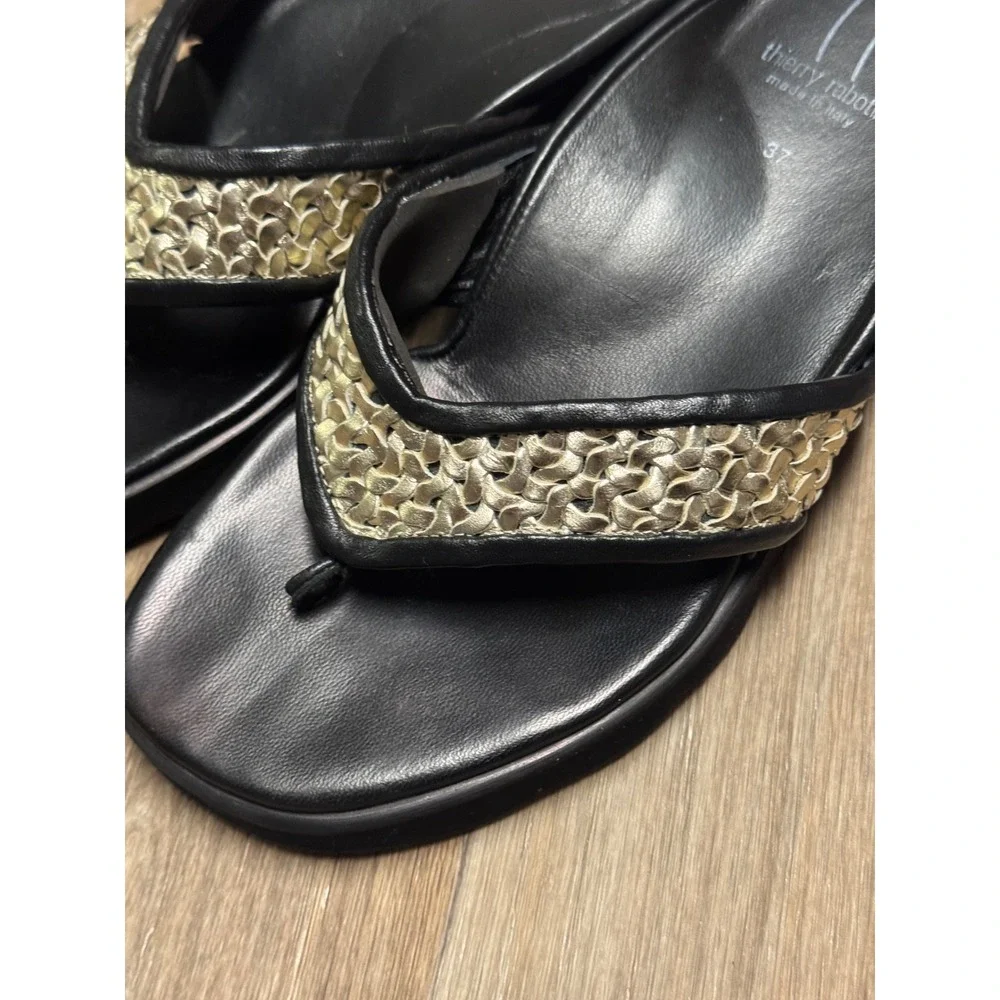 Thierry Rabotin Womens Black Woven Gold Leather Wedge Thong Sandals Italy 37 - Picture 3 of 9